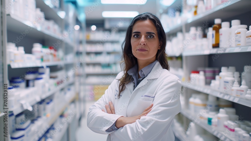 Portrait of female pharmacist in modern pharmacy store