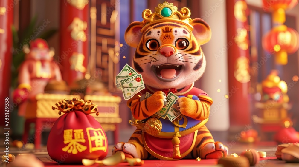 It has a cute tiger in God of Wealth costume giving away money during Chinese New Year. On the lucky bag and left side are blessings and Caishen sending blessings.