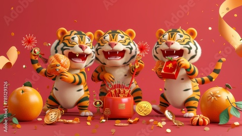 Three-dimensional rendering of tigers pawing Mandarin oranges, firecracker decorations, and a coin filled red envelope
