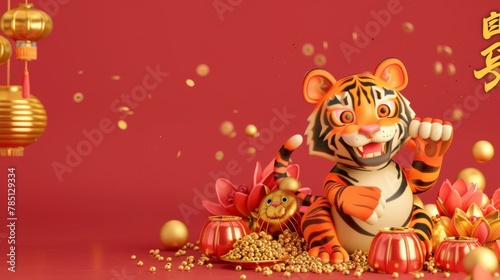Three-year tiger greeting card featuring a tiger putting its paws on an ingot and lots of fortune behind it. Happy New Year is written on left side and spring couplet on right side.