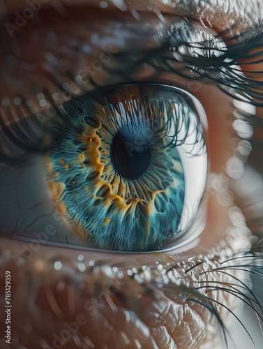 a close up of a person s blue eye with a yellow pupil