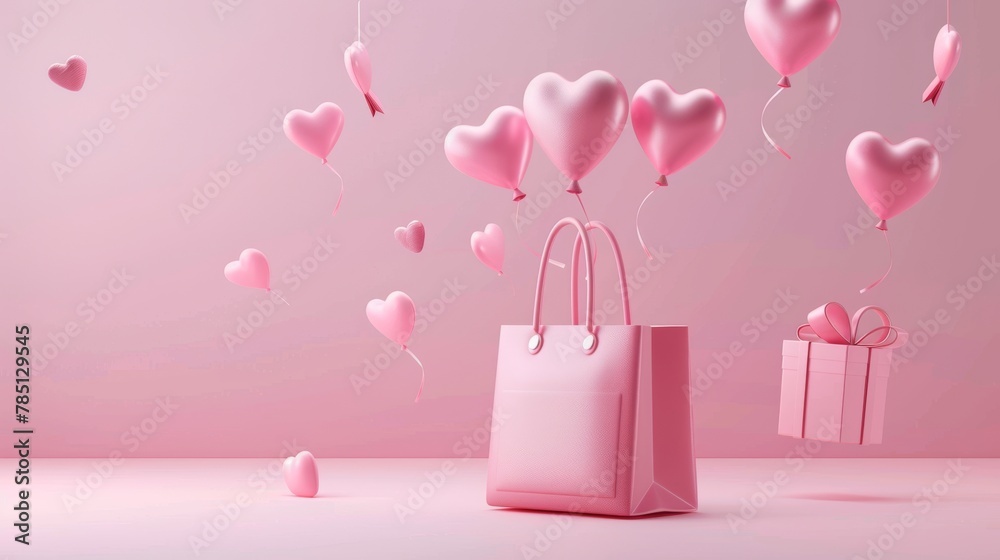 On a pink background, a shopping bag, balloons and boxes are floating on a 3D pink ad template. On a pink background, a shopping bag, balloons and boxes are floating on a 3D pink ad template.