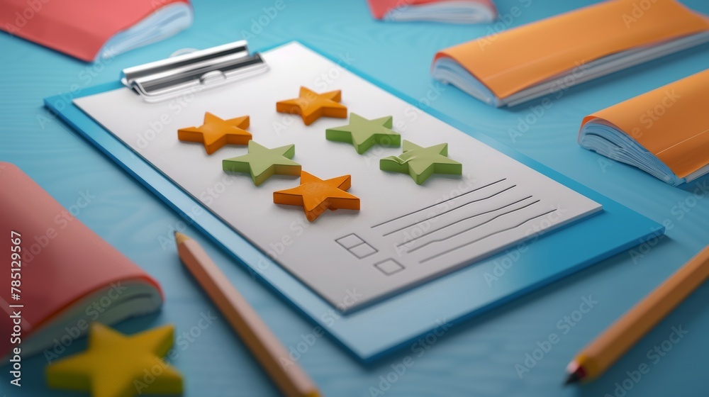 Feedback survey on a checklist with a clipboard, paper notes with stars ...