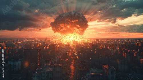 3D rendering of a nuclear explosion near a decimated metropolis  with a cinematic perspective on the apocalyptic destruction and mushroom cloud.