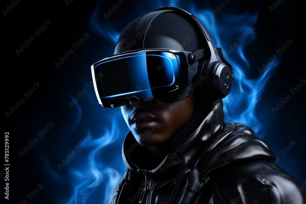 AI young creative man wearing a virtual reality headset VR headset playing games, entertainment and digital technology metaverse of the future