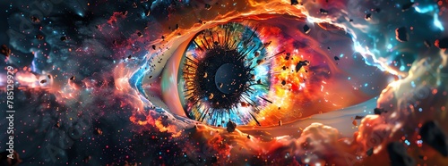 3D render of abstract space eye, glitch effect with dark background, colorful explosion, broken and destroyed black hole in the center, 2D illustration, epic composition, digital art