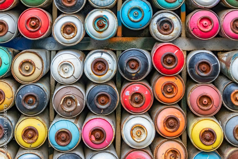 Top view of colorful used spray paint cans Top view of colorful used spray paint cans