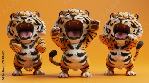 Several chubby tigers standing and jumping in a 3D rendering.