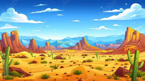 A desert of Africa or Arizona Wild West natural landscape. Cartoon panoramic background  yellow sand  cacti  rocks under a blue sky with clouds.