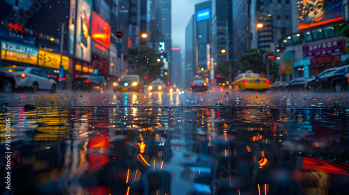 City street reflected in water with buildings and skyscrapers in the background