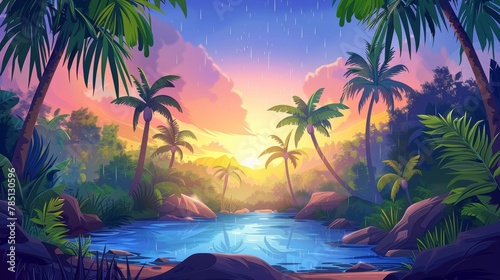 Cartoon tropical jungle forest swamp or lake landscape with blue water pond, palm trees, rocks, and dusk sunlight falling on ground. Wild rainforest illustration.