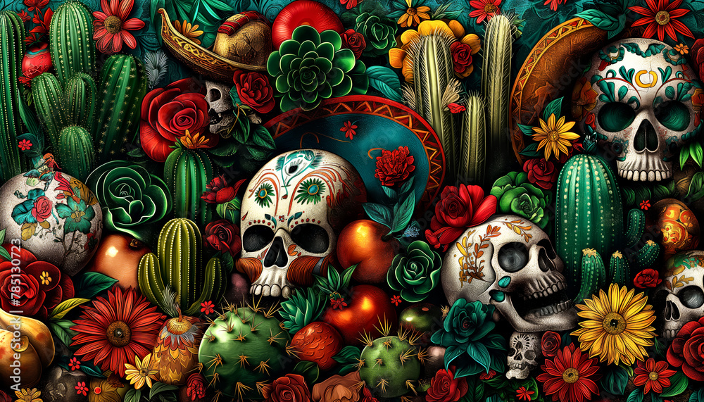 A colorful poster with skulls, cactus,flowers, and a sombrero. Cinco De Mayo concept