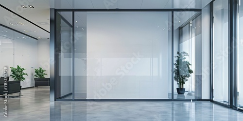 A clear glass sign plate mockup for logo branding, placed on the office entrance wall. © ckybe
