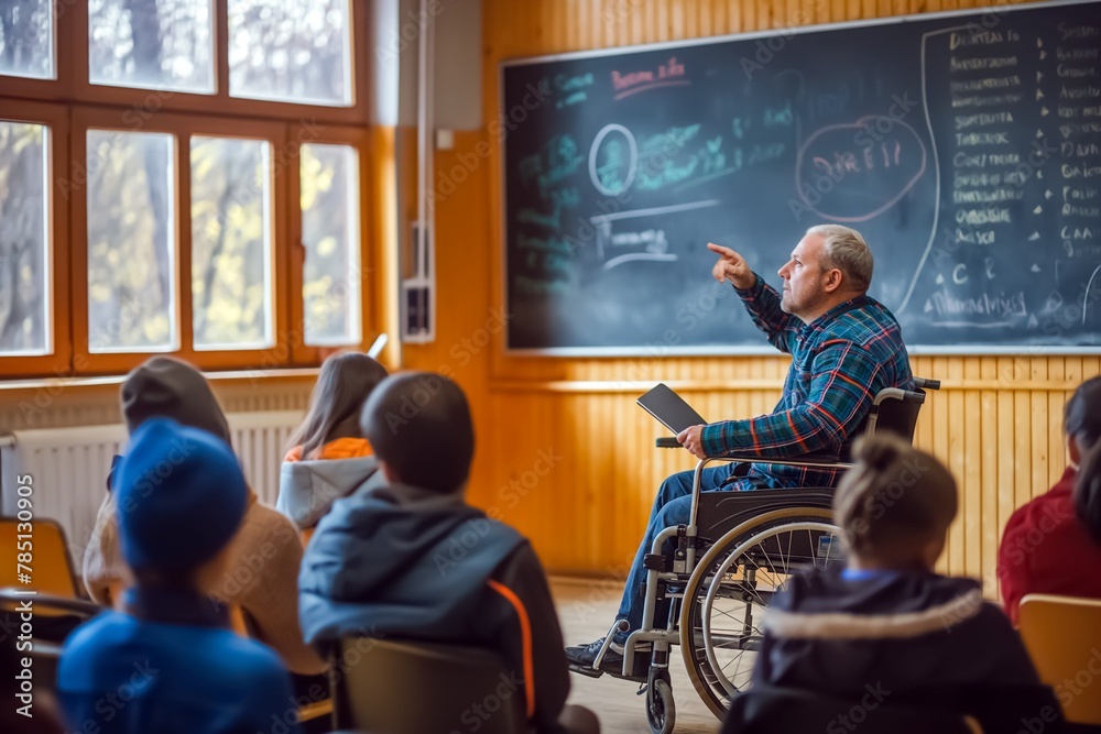 a man in a wheel chair speaking to children at school