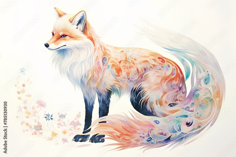 Fototapeta premium Vector image of a fox on a white background with floral elements.