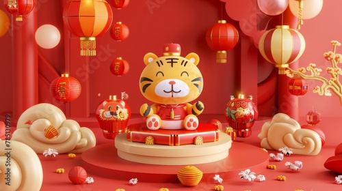 Background of three-dimensional podium for 2022 Chinese New Year celebrations. Spring Festival background with cute tiger, folding screen, and lucky bag with Chinese blessings.