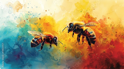 Bring the dynamic energy of a bees waggle dance to life in a vividly colorful watercolor painting from an eye-level perspective, emphasizing the vibrancy and liveliness of the bees intricate performan © Somyos