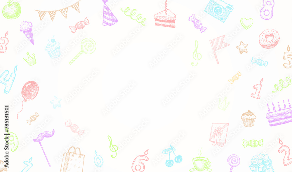 Happy birthday greeting card with hand drawn elements. Birthday paty design with copy space. Vecor illustration.