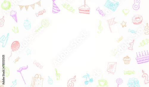 Happy birthday greeting card with hand drawn elements. Birthday paty design with copy space. Vecor illustration. photo