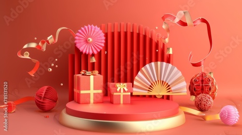 CNY podium backdrop featuring round platform with giftbox  paper fan screen  lucky bag  and Chinese blessing text.