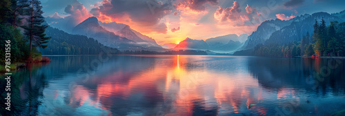 sunset over lake, Sunset in the mountains at a calm lake that crea
