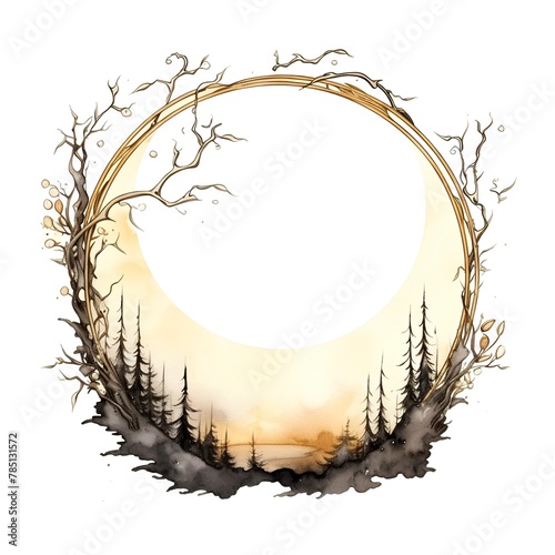 Watercolor hand drawn forest landscape with moon, trees and clouds. Vector illustration.
