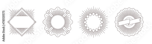 Set of line heraldic emblems and  labels with sunburst rays. Vector illustration. Elements for logo or identity design.