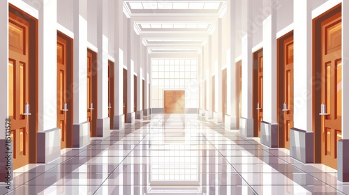 The interior design of a hospital, hotel, university or office building is a white light filled room with many wooden doors and large windows.