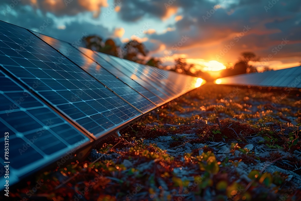 Solar Symphony: Dusk's Glow Over Efficient Energy Rows. Concept Solar Energy, Sunset, Efficient Technology, Renewable Resources, Environmental Conservation - obrazy, fototapety, plakaty 