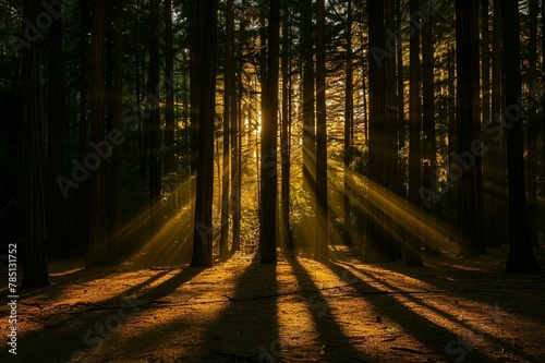 AI generated illustration of sunlight filters through redwood forest branches © Wirestock