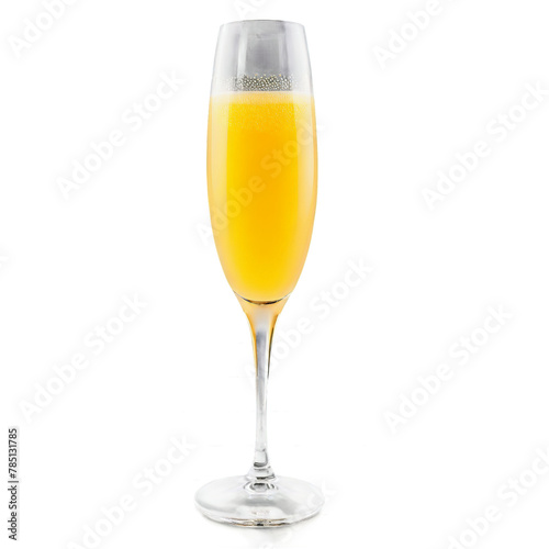 Mimosa glass tall and slender filled with a sparkling pale orange champagne and orange juice