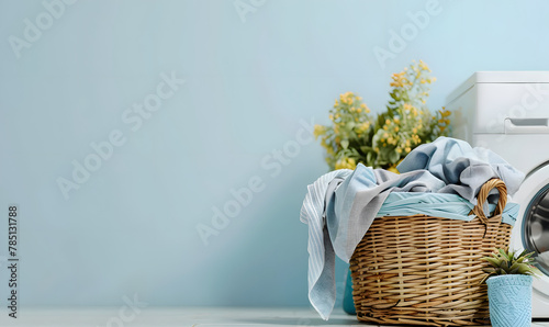 laundry clothes pile in a wicker basket at bathroom, Generative AI photo