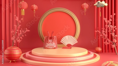 CNY background with a round platform, a paper fan screen and lucky bag written with Chinese blessings on the bag.