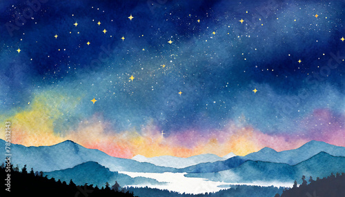 星屑の夜空の風景、水彩画 © SUITE IMAGE