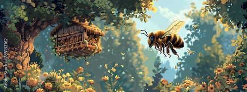 Illustrate the precise movement of a bee approaching a beehive from a top-down perspective with pixel art, emphasizing the tiny yet impactful scene in a visually captivating way
