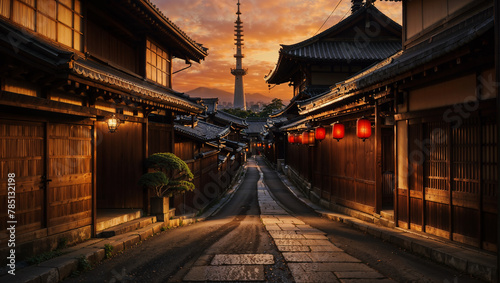 a narrow street with lanterns and pagodas in the background