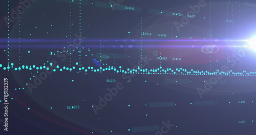Image of graphs, increasing numbers and lens flare against abstract background