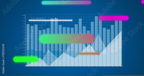 Image of multicolored abstract pattern over graphs and loading bar against blue background