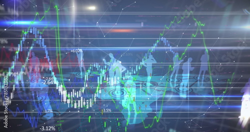 Image of graphs, trading board, numbers and lens flare over human representations on map