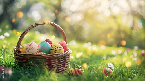 an easter basket filled with eggs is sitting on the grass