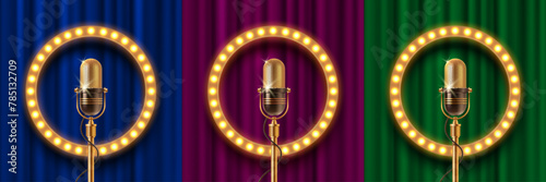 Light bulb frame and Retro microphone on stage against the curtain background - three color variation. Vector illustration.