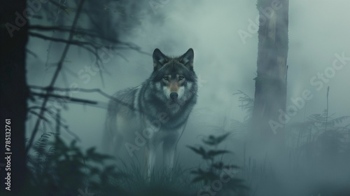 AI generated illustration of a wolf standing in a misty forest