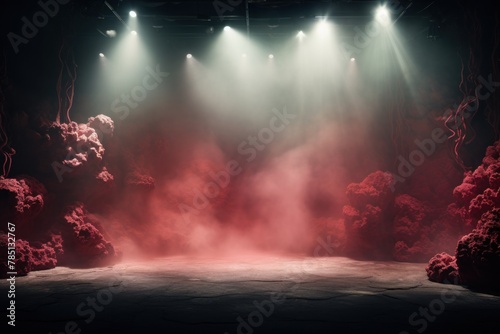 Coral stage background, coral spotlight light effects, dark atmosphere, smoke and mist, simple stage background, stage lighting, spotlights photo
