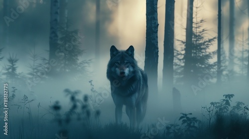 AI generated illustration of a wolf prowls a misty forest at night photo