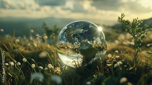AI generated illustration of a glass globe on the grass in front of the mountain