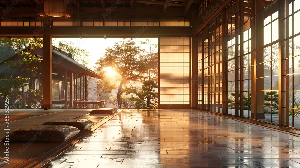 a courtyard with benches and the sun setting through the window