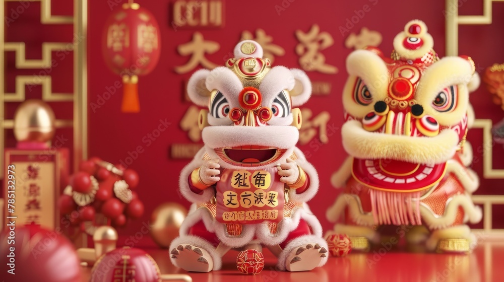In this CNY Caishen greeting card, the God of Wealth draws over a lucky bag written blessing with the lion dance puppet coming up from behind. The text of welcoming the New Year is written in Chinese