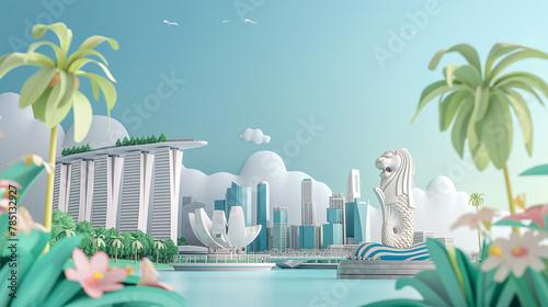 vector of Merlion marina bay sand and modern building at center downtown business zone and travel destination landmark of Singapore city in Singapore, Asia photo