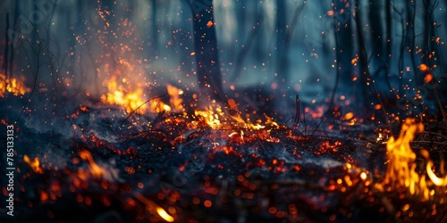Intense close-up of a forest ground fire with scattered embers and rising smoke.