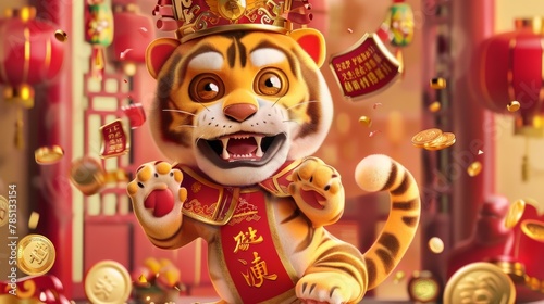 In 2022  a Tiger wearing a traditional Chinese costume lifts gold ingots and coins from a red envelope in a high kneeling position. A text welcoming Spring Festival in Chinese is above the image.